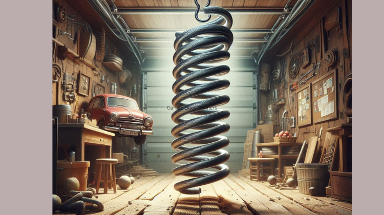 Garage door spring in a workshop setting, emphasizing garage door repair services, with vintage car and tools in background.