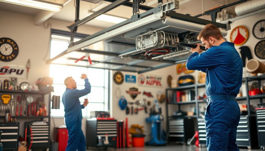 Technicians in blue uniforms repairing a garage door opener in a well-equipped garage, emphasizing expert garage door services in Naples, FL.