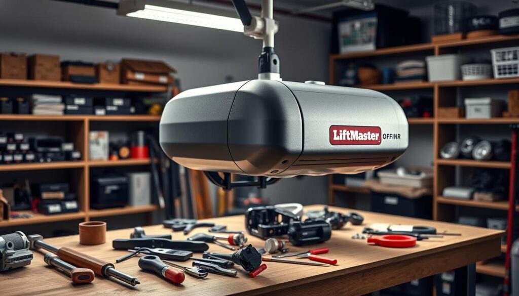 LiftMaster garage door opener on a workbench surrounded by various tools, emphasizing garage door installation and repair services.