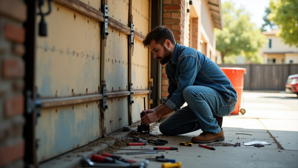Man kneeling beside a worn garage door, repairing it with tools scattered on the ground, highlighting garage door repair services in Naples, FL.