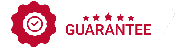 Red seal with checkmark and five stars, symbolizing quality guarantee for garage door repair services in Naples, FL.