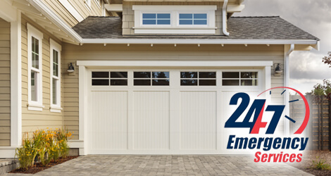 Garage door with modern design and "24/7 Emergency Services" logo, emphasizing reliable garage door repair options in Naples, FL.