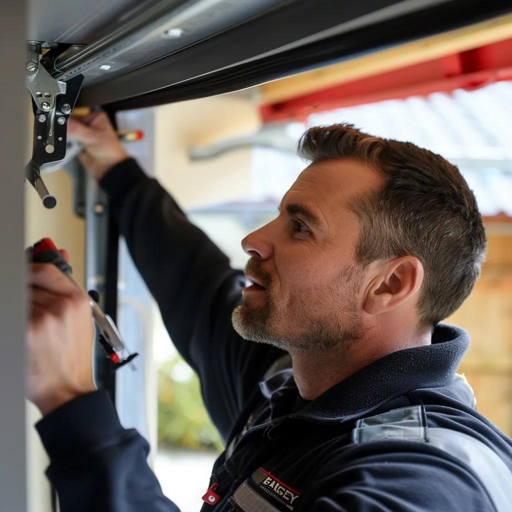 Professional technician repairing a garage door with tools in a well-lit garage setting