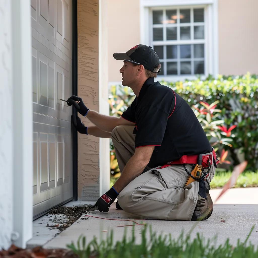 Garage service van parked in driveway with technician loading tools