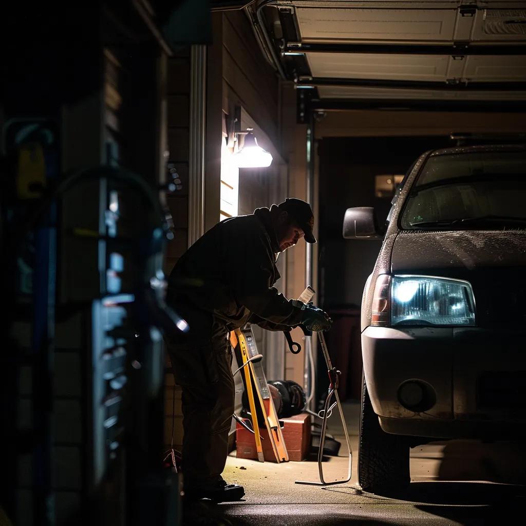 Interior garage view showing overhead door installation process