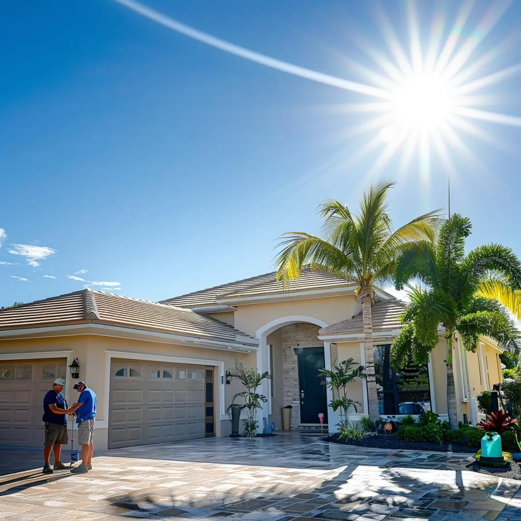 Professional garage door installation in Fort Myers with technician and sunny neighborhood