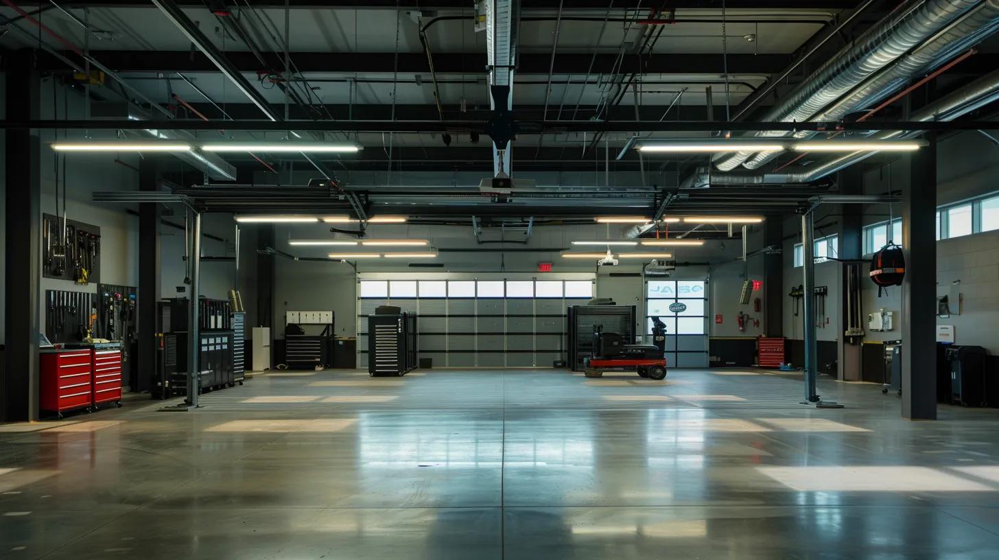 Spacious residential garage featuring sleek overhead doors and organized storage layout