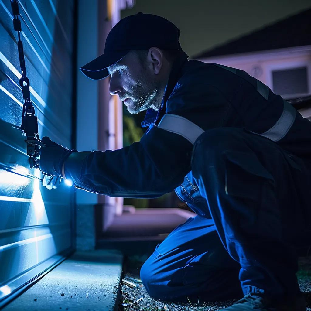 Professional garage door technician repairing door mechanism