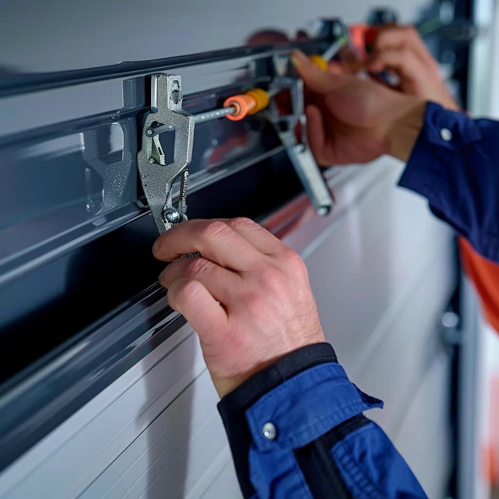 Garage door technician performing routine maintenance on residential property