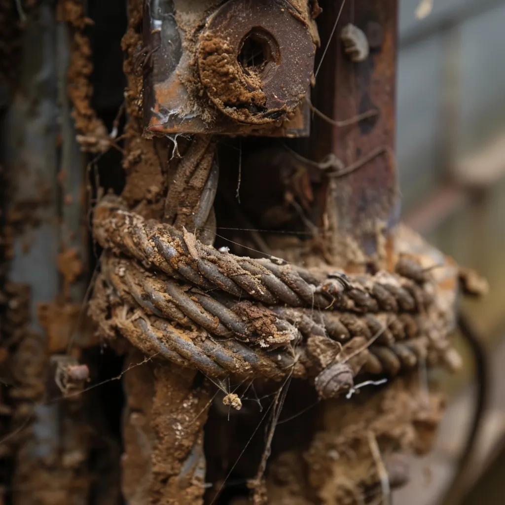 Rusty lift cables and pulleys covered in dirt and debris, indicating wear and potential safety hazards in garage door mechanisms.