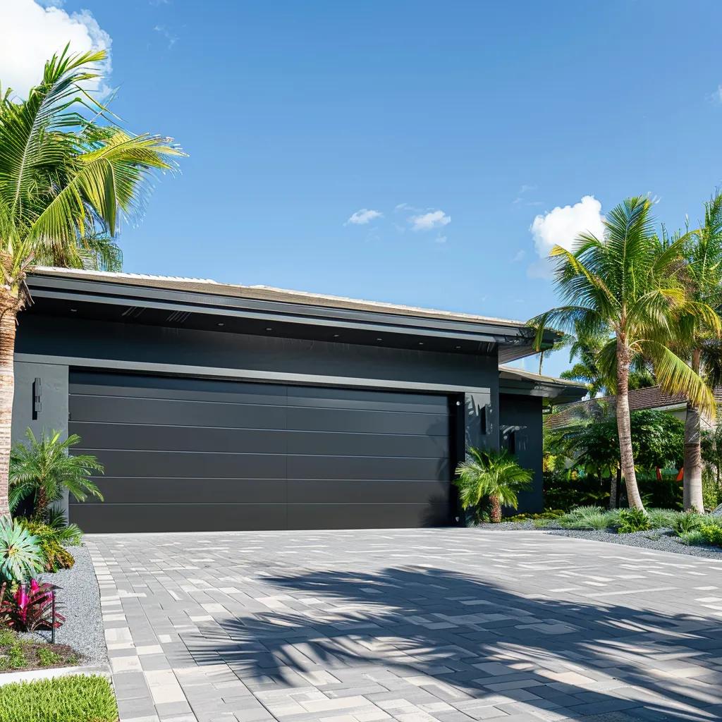 Modern black garage door with sleek design, surrounded by tropical landscaping in Fort Myers, showcasing a well-maintained driveway and clear blue sky.