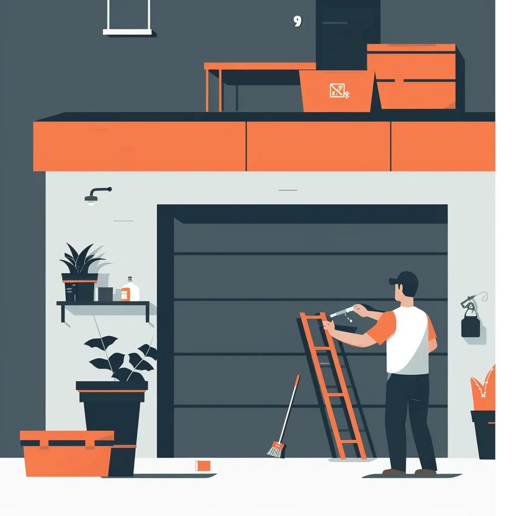 Person applying lubricant to a garage door with a ladder, surrounded by tools and plants, illustrating garage door maintenance and lubrication tips.