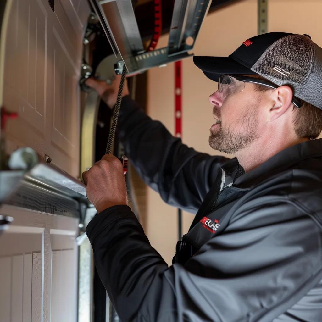 Technician inspecting garage door components for maintenance and safety, focusing on lift cables and mechanisms.
