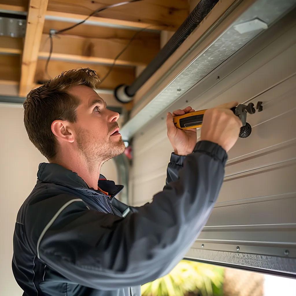 Man performing garage door maintenance, inspecting and tightening bolts in a residential garage setting, emphasizing proper upkeep for longevity in coastal environments.