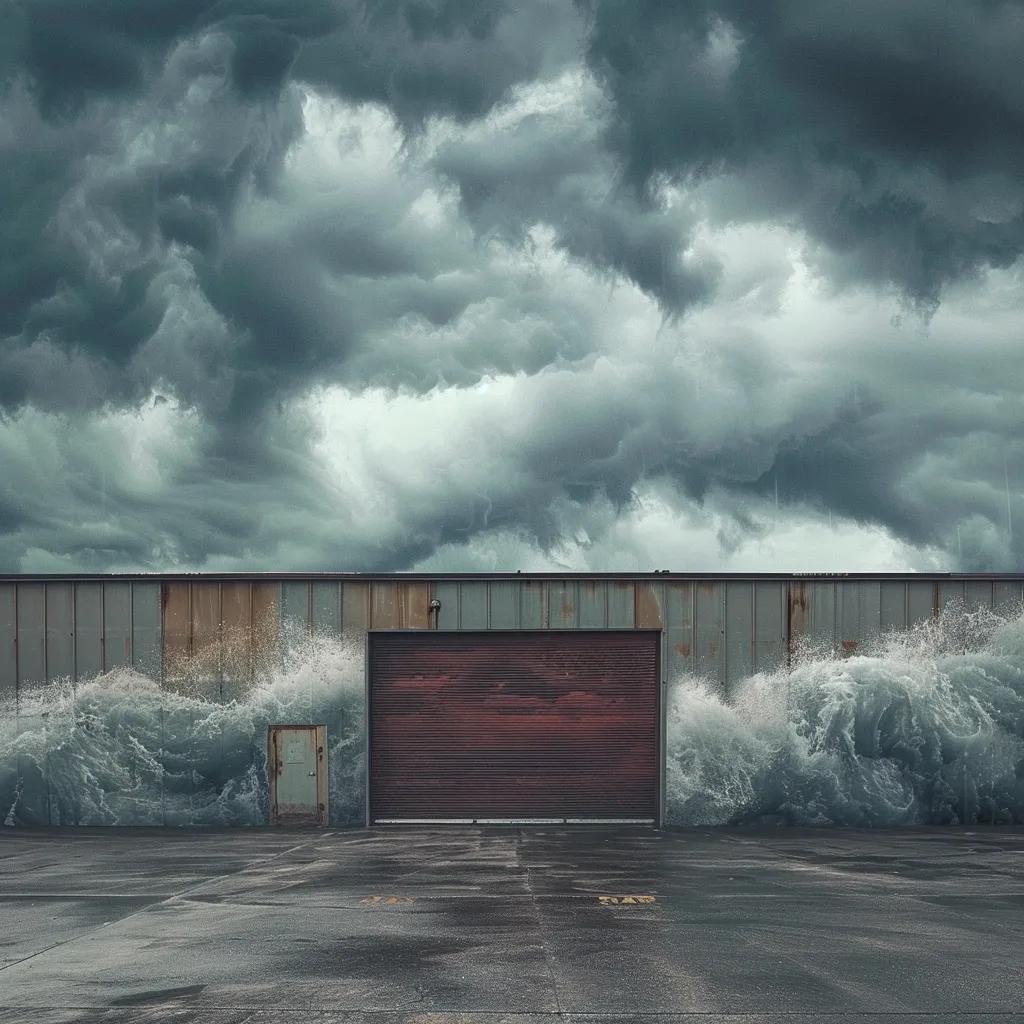 Garage door with wooden texture facing turbulent ocean waves and dark storm clouds, illustrating the need for hurricane-rated doors in Fort Myers.