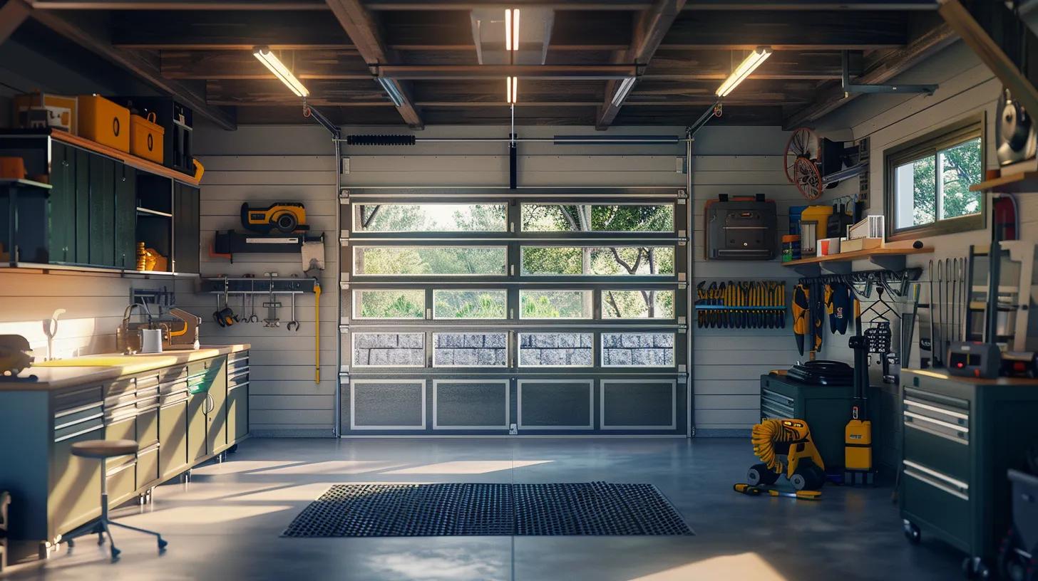 Sleek modern garage interior with organized tools, cabinetry, and an overhead door, emphasizing functionality and efficiency in overhead door services.