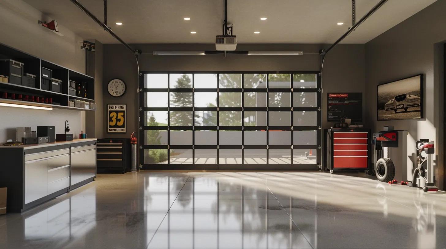 Sleek modern garage interior featuring a large overhead door, organized storage solutions, and polished concrete flooring, illustrating efficient space use and aesthetics for residential and commercial properties.