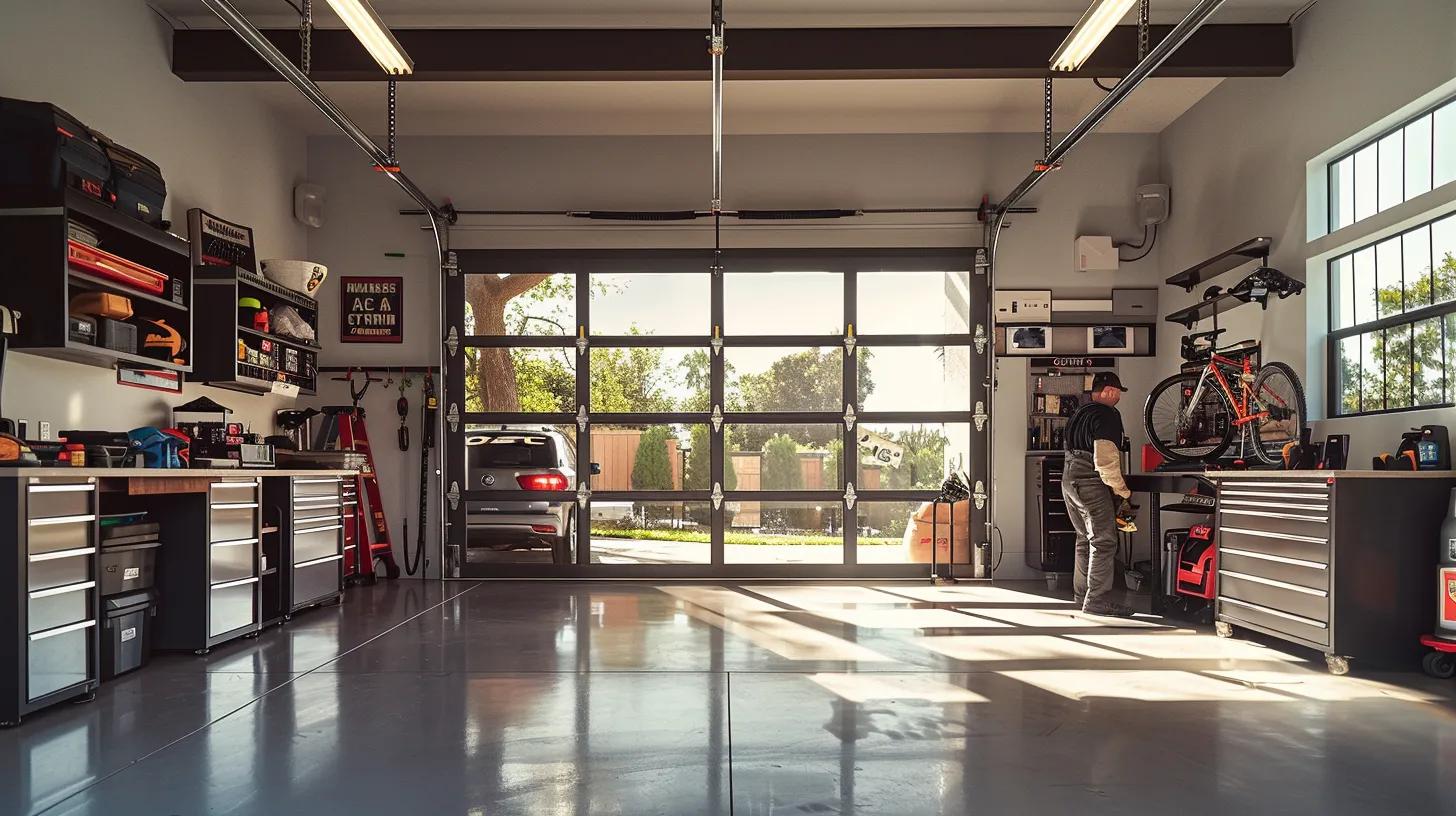 Sleek modern garage interior featuring organized tool storage, a bicycle on a rack, and a view of a vehicle outside, emphasizing the importance of garage door maintenance and emergency services.