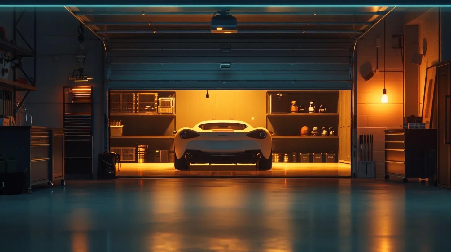 Sleek modern garage interior with a luxury car, organized storage shelves, and warm lighting, emphasizing overhead door services and smart technology trends.