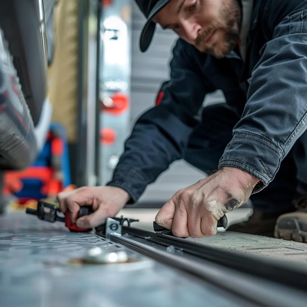 Technician adjusting garage door tracks with precision tools for maintenance and safety.
