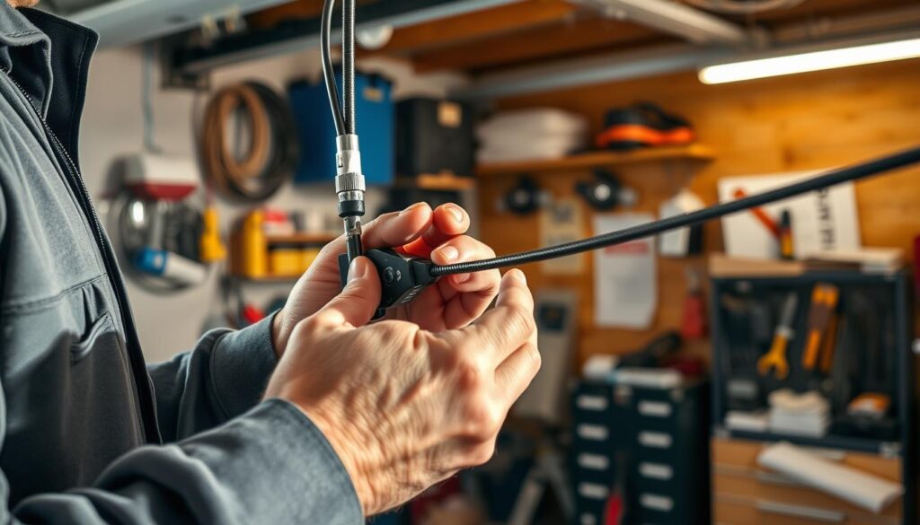 Hands guiding a replacement cable through a garage door pulley system, showcasing cable replacement process in a clean, organized garage with tools.