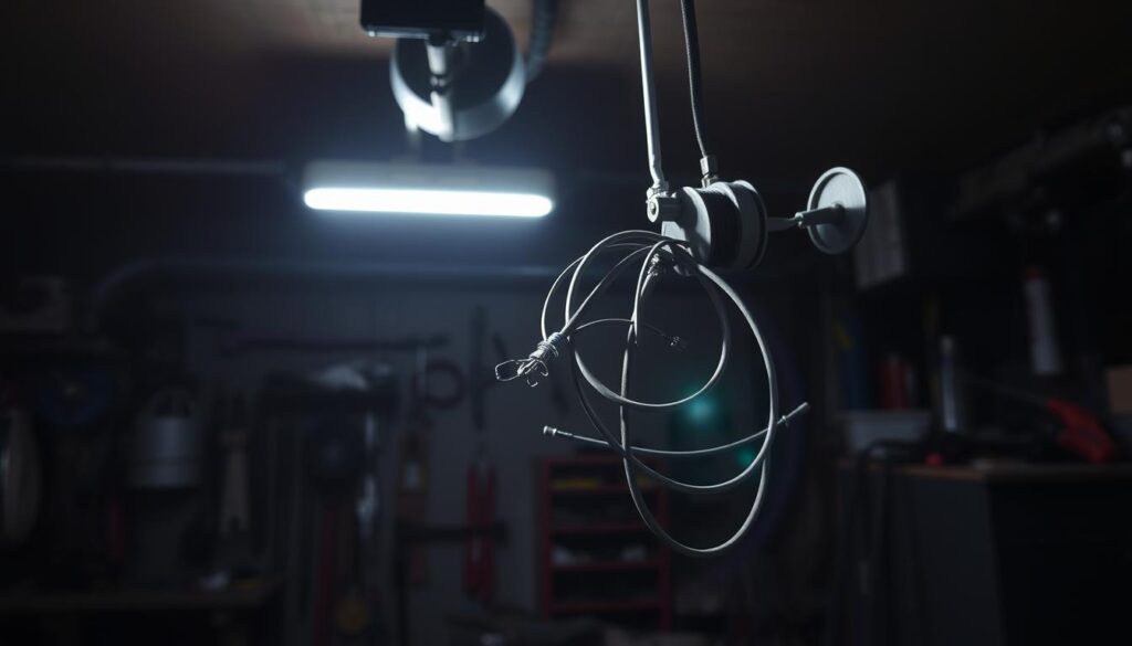 Frayed and twisted garage door cable hanging from a pulley in a dimly lit garage, surrounded by tools and equipment, highlighting the need for professional cable repair or replacement.