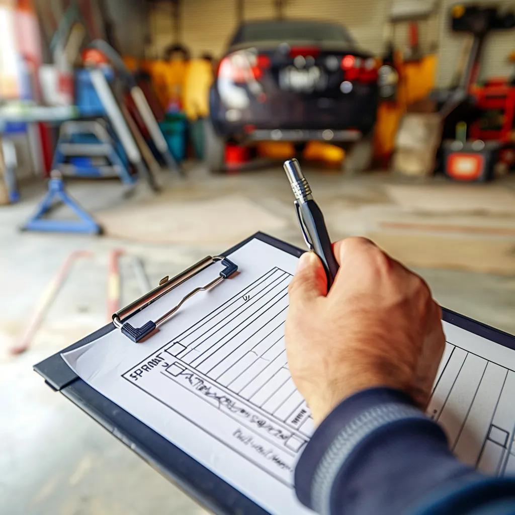 Person holding a clipboard with maintenance checklist in a garage, with a car in the background, illustrating garage door preventive maintenance tasks.