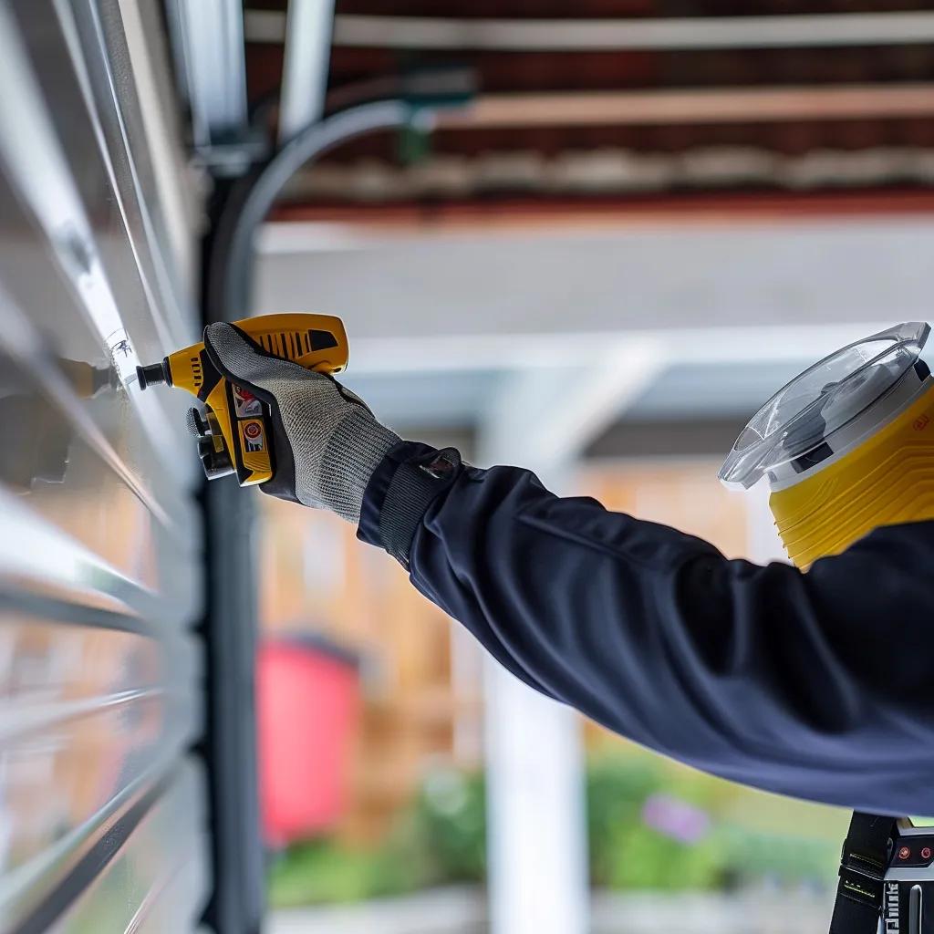 Person using a power tool to apply lubrication on a garage door, emphasizing garage door maintenance and repair techniques for longevity and smooth operation.