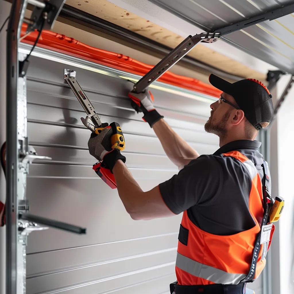 Professional technician installing a garage door with tools, emphasizing precision and safety in the installation process.