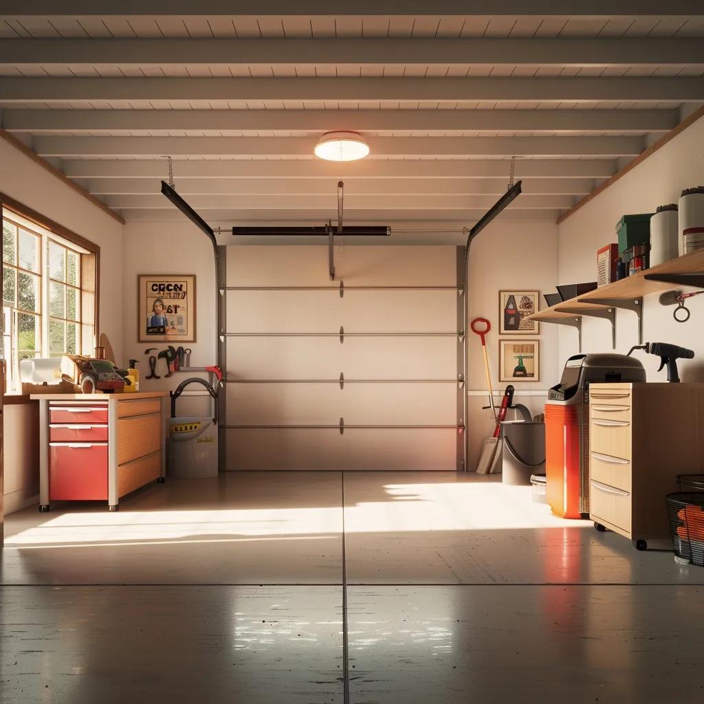 Garage interior featuring a well-maintained garage door, organized tools, and storage solutions, highlighting the importance of preventive maintenance for optimal performance and safety.
