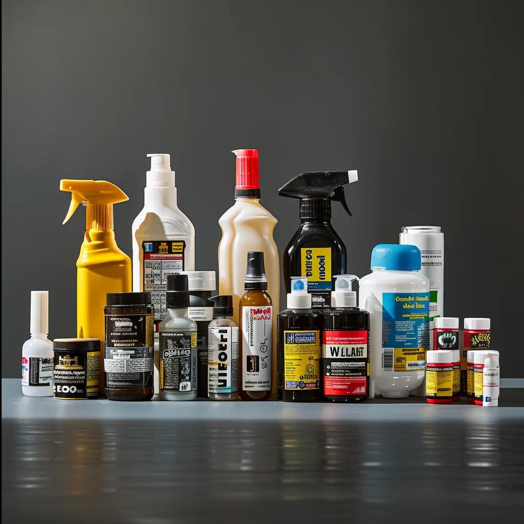 Assortment of garage door lubricants and cleaning products, including spray bottles and containers, showcasing various formulations for maintenance and protection of garage door components.