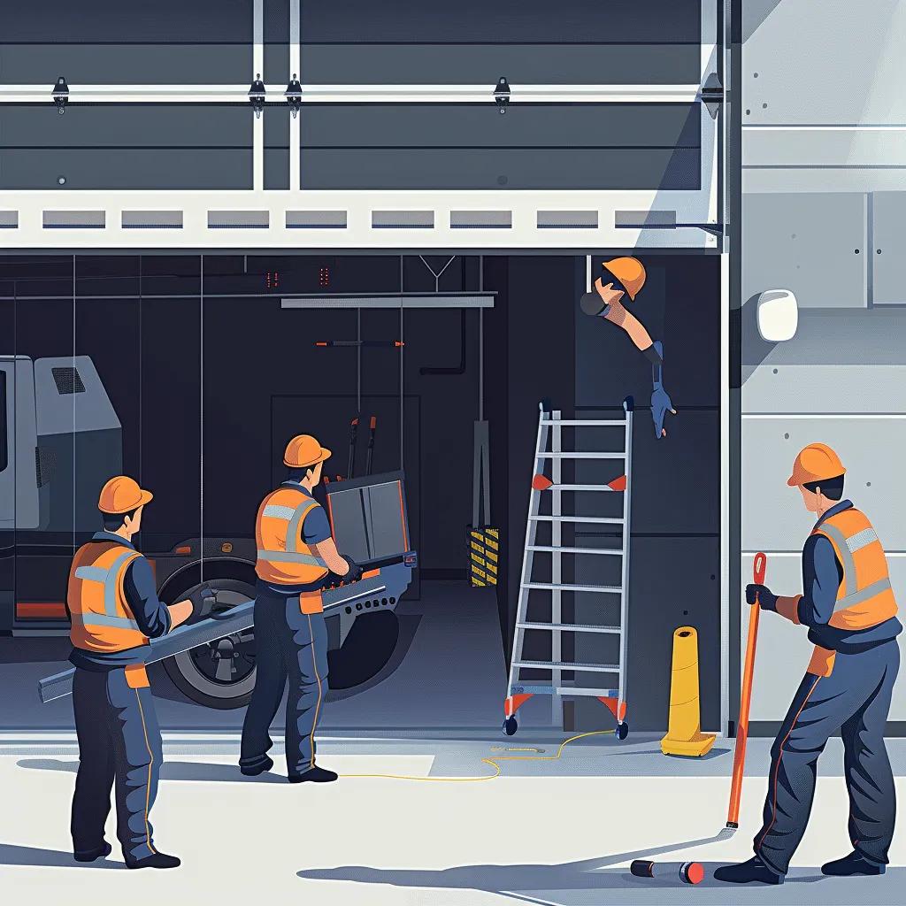 Technicians collaborating on the emergency garage door installation process