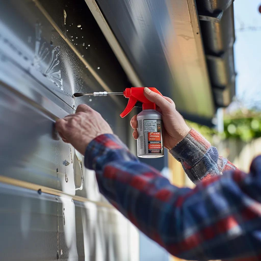 Person applying lubricant to a garage door, highlighting essential maintenance tips for longevity