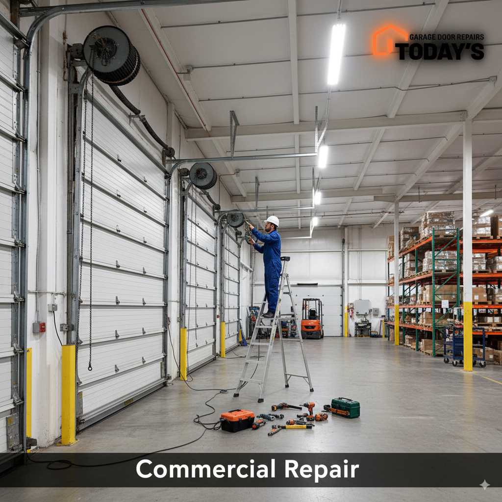 Technician performing commercial garage door repair on a ladder in a warehouse, surrounded by tools and equipment, emphasizing professional service in Fort Myers.