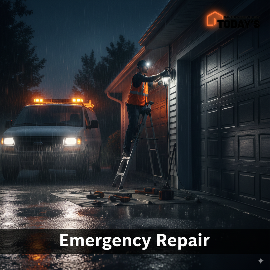 Emergency garage door repair technician working at night, ladder, tools on the ground, service van with lights on, rain setting, emphasizing 24/7 service in Fort Myers.