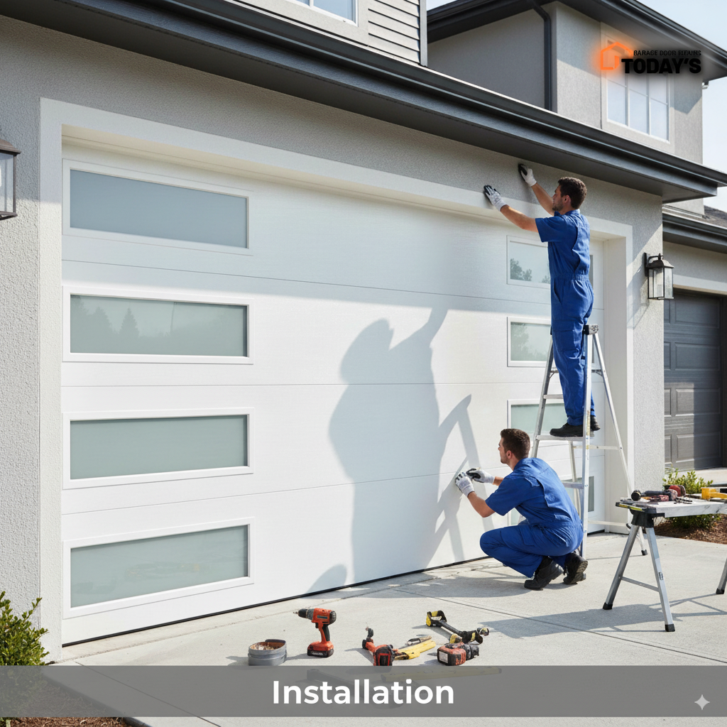 Two technicians installing a modern garage door with windows, using tools like drills and ladders, in a residential setting, emphasizing professional garage door installation services in Fort Myers.