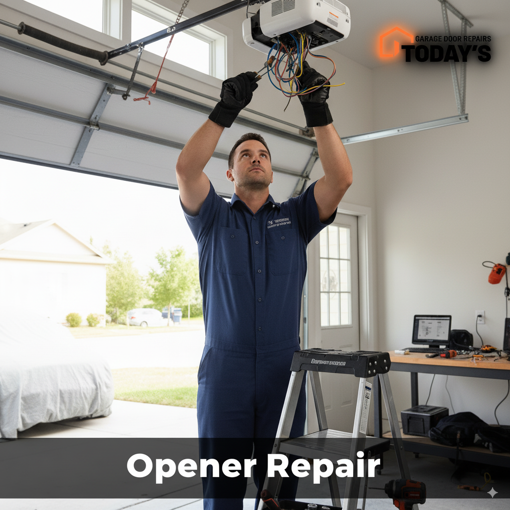 Technician performing garage door opener repair, working on wiring above a ladder in a residential garage setting, with tools and equipment visible.